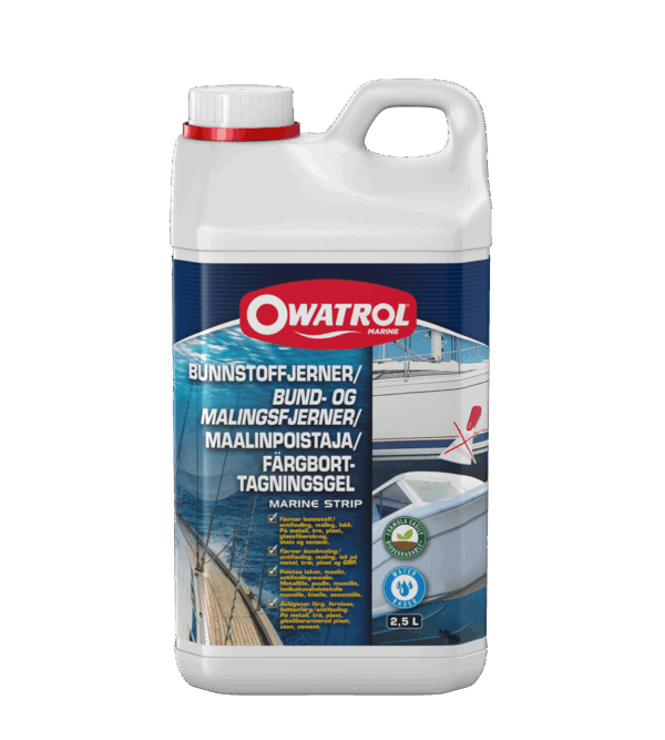 Marine Strip. Malingsstripper, fjerner op til 8 lag maling, lak, bundmaling. Anvendes på træ, metal og plast. Biologisk nedbrydelig.