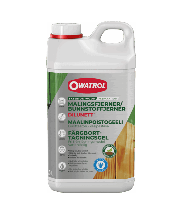 Dilunette malings fjerner. Fjerner op til 8 lag maling, fernis og lak. Udendørsbrug, men indeholder ikke opløsningsmidler.