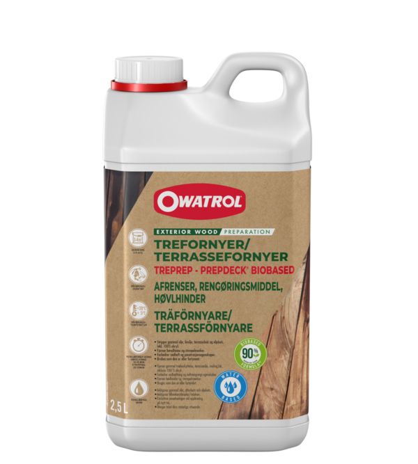 Afrensningsmiddel, der fjerner tidligere påført olie, pletter, terrassebejdser og maling fra udendørs træ. Indeholder for 90% biologisk nedbrydelige komponenter.